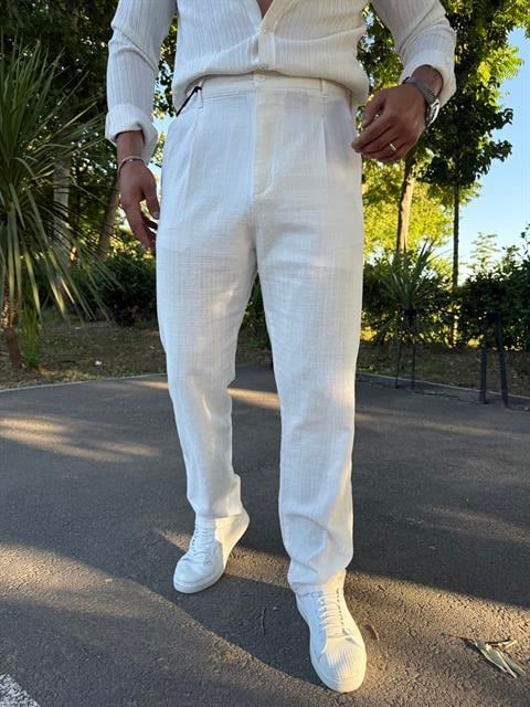 HAM KETEN PİLELİ BAGGY PANTOLON BEYAZ