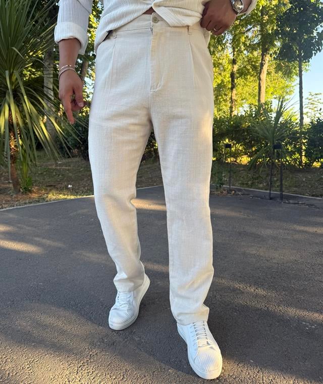 HAM KETEN PİLELİ BAGGY PANTOLON KREM