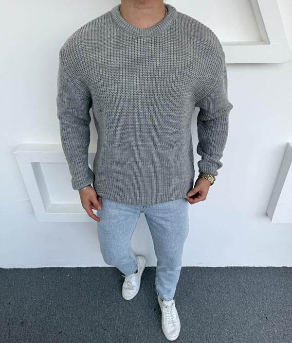 Kalın Bisiklet Yaka Oversize Triko Gri