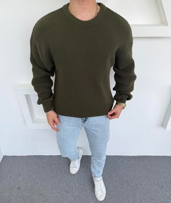 Kalın Bisiklet Yaka Oversize Triko Haki
