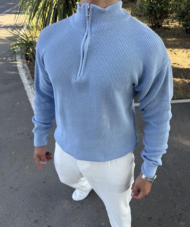 KALIN ÖRGÜ YARIM FERMUAR TRİKO SWEATSHİRT BEBE MAVİSİ