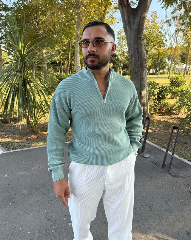 KALIN ÖRGÜ YARIM FERMUAR TRİKO SWEATSHİRT MİNT YEŞİLİ