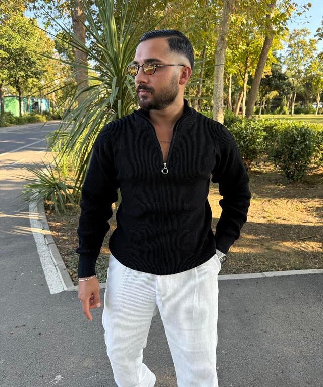 KALIN ÖRGÜ YARIM FERMUAR TRİKO SWEATSHİRT SİYAH