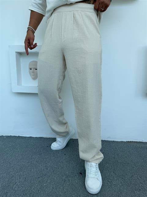 KUŞAK DETAYLI %100 PAMUK HAM KETEN BAGGY PANTOLON KREM