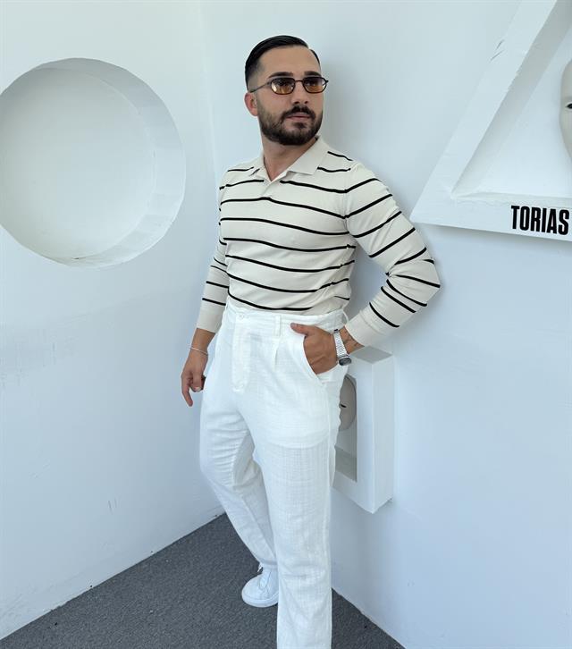 LRD  ÇİZGİLİ İTHAL TRİKO POLO YAKA KREM