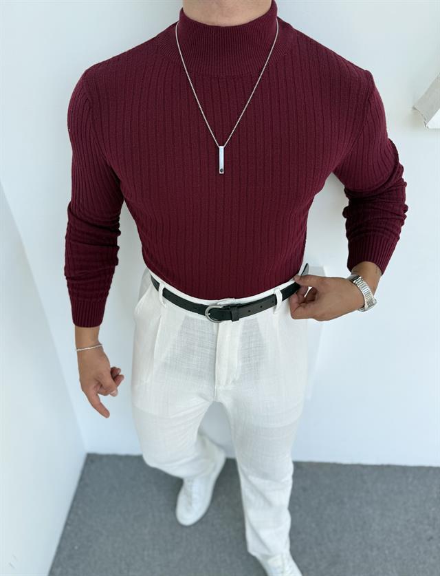 LRD  İNCE FİTİLLİ İTHAL TRİKO BALIKÇI YAKA SWEATSHİRT BORDO