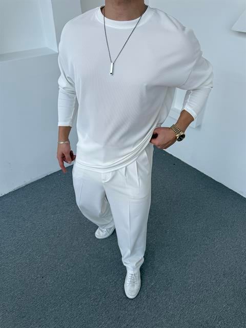 Ottoman Bisiklet Yaka Sweatshirt Beyaz