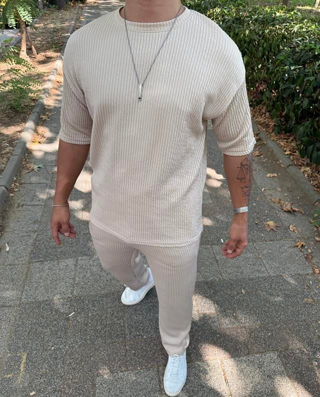 OVERSİZE RAY DESEN BAGGY TAKIM KREM