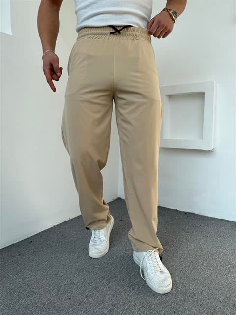 Paraşüt Kumaş Spor Likra Baggy Pantolon Bej