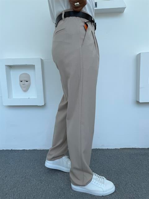Pileli Premium Kumaş Baggy Pantolon Krem