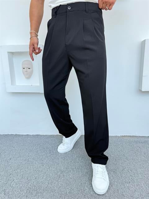 Pileli Premium Kumaş Baggy Pantolon Siyah