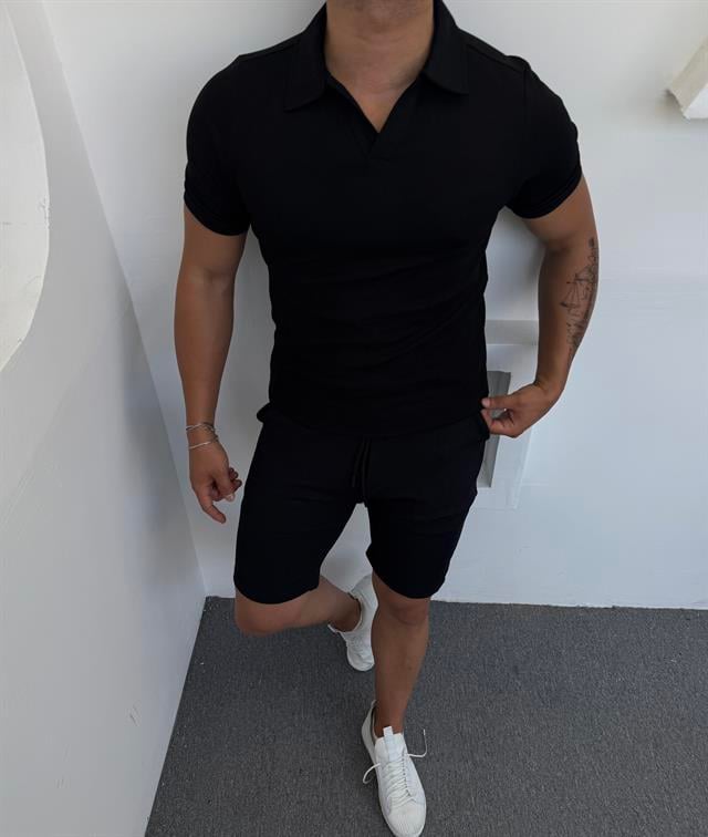 Polo Yaka Şortlu Takım Siyah