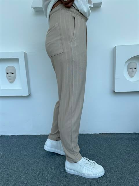 RAPOR ÇİZGİLİ BOYFİREND PANTOLON KREM