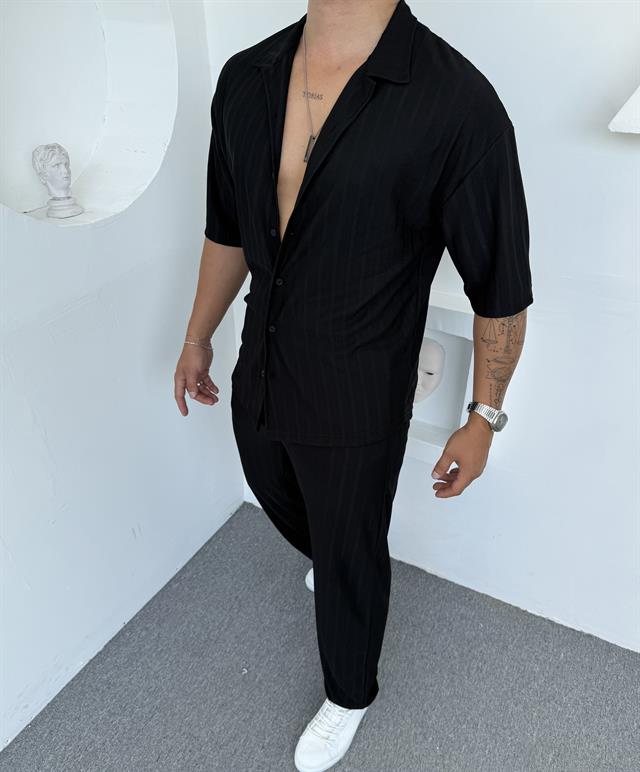 RAPOR ÇİZGİLİ PAMUK TAKIM SİYAH