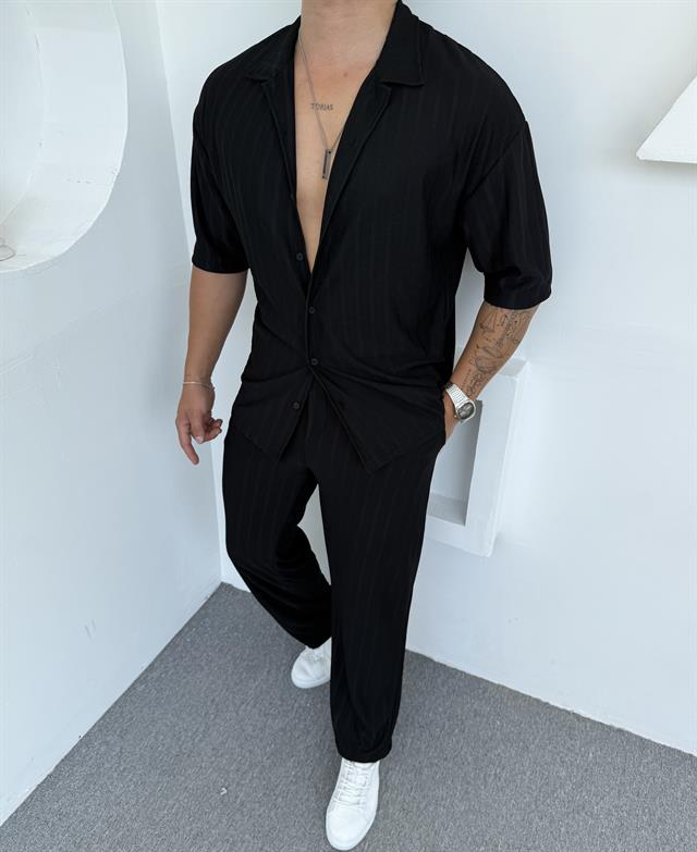 RAPOR ÇİZGİLİ PAMUK TAKIM SİYAH