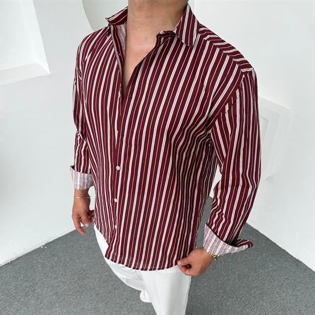 Şerit Detaylı Keten Gömlek Bordo