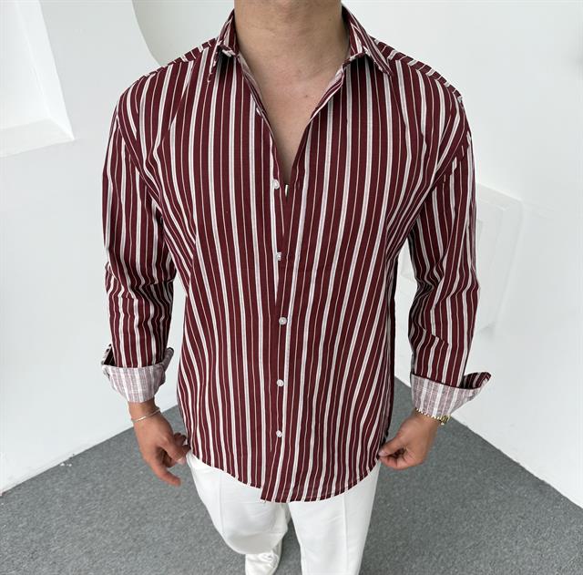 Şerit Detaylı Keten Gömlek Bordo