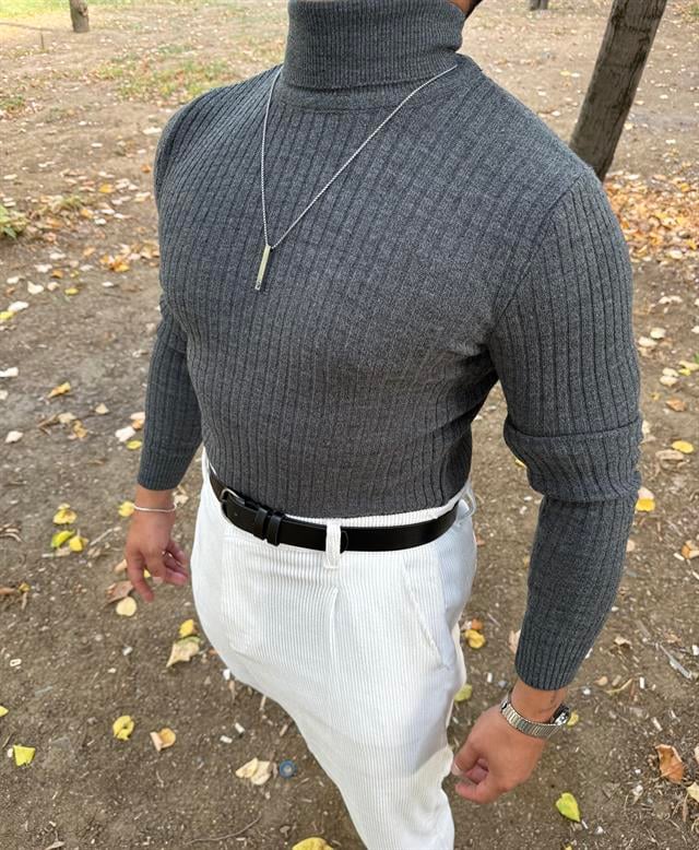 TAM BOĞAZLI FİTİLLİ TRİKO SWEATSHİRT ANTRASİT
