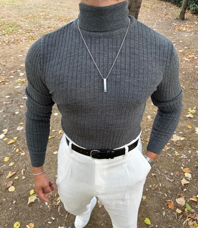 TAM BOĞAZLI FİTİLLİ TRİKO SWEATSHİRT ANTRASİT