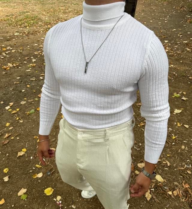 TAM BOĞAZLI FİTİLLİ TRİKO SWEATSHİRT BEYAZ