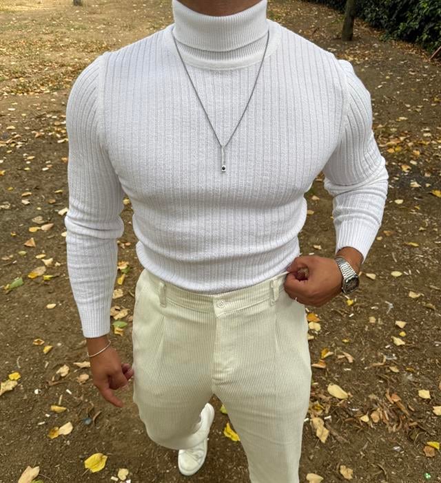 TAM BOĞAZLI FİTİLLİ TRİKO SWEATSHİRT BEYAZ