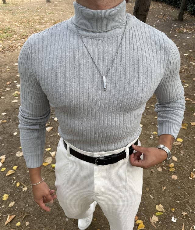TAM BOĞAZLI FİTİLLİ TRİKO SWEATSHİRT GRİ