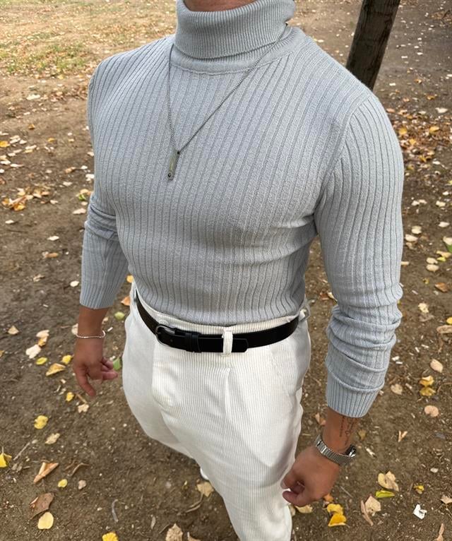 TAM BOĞAZLI FİTİLLİ TRİKO SWEATSHİRT GRİ