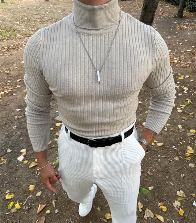 TAM BOĞAZLI FİTİLLİ TRİKO SWEATSHİRT KREM
