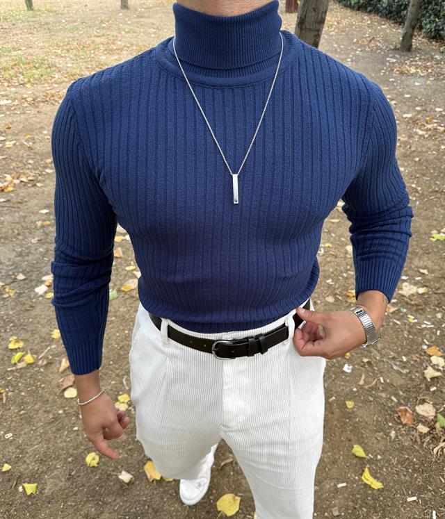 TAM BOĞAZLI FİTİLLİ TRİKO SWEATSHİRT LACİVERT