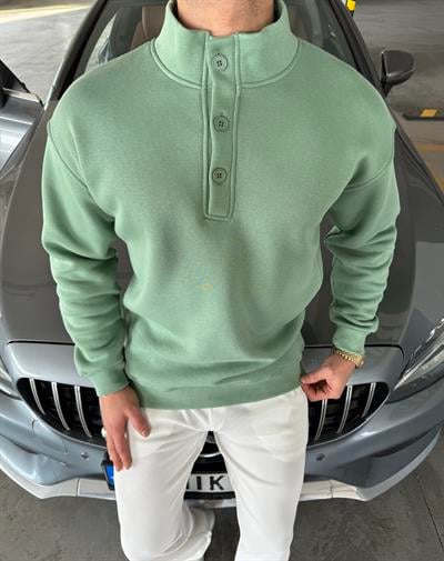 3 İplik Şardonlu 3 Düğme Detaylı Sweatshirt Mint Yeşili