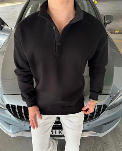 3 İplik Şardonlu 3 Düğme Detaylı Sweatshirt Siyah