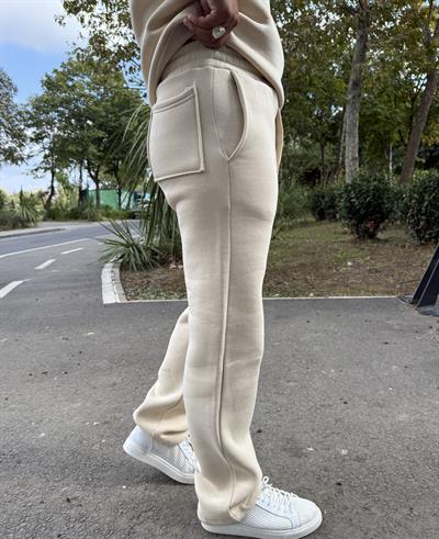 3 İPLİK ŞARDONLU BAGGY KALIP PANTOLON KREM