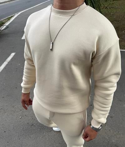 3 İPLİK ŞARDONLU BİSİKLET YAKA SWEATSHİRT KREM