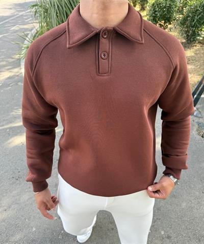 3 İPLİK ŞARDONLU POLO YAKA SWEATSHİRT ACI KAHVE