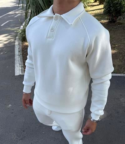 3 İPLİK ŞARDONLU POLO YAKA SWEATSHİRT BEYAZ