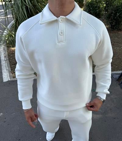 3 İPLİK ŞARDONLU POLO YAKA SWEATSHİRT BEYAZ