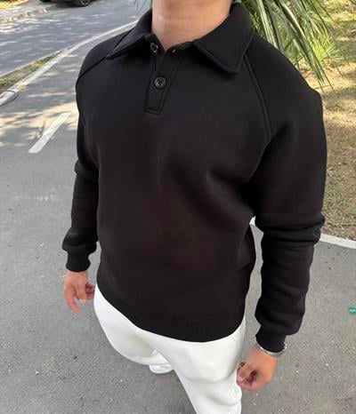 3 İPLİK ŞARDONLU POLO YAKA SWEATSHİRT SİYAH