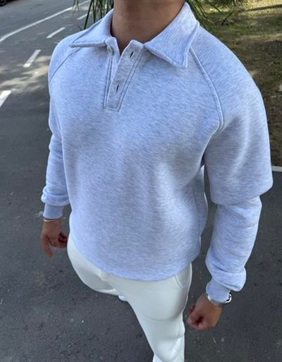 3 İPLİK ŞARDONLU POLO YAKA SWEATSHİRT GRİ