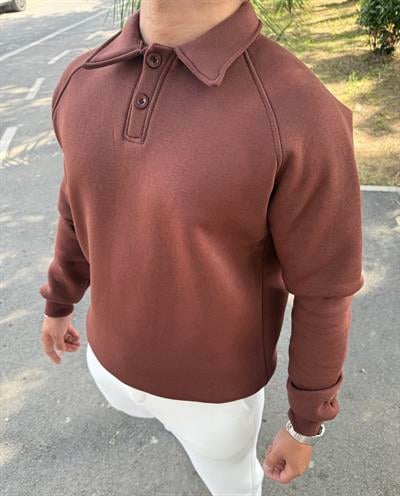 3 İPLİK ŞARDONLU POLO YAKA SWEATSHİRT ACI KAHVE