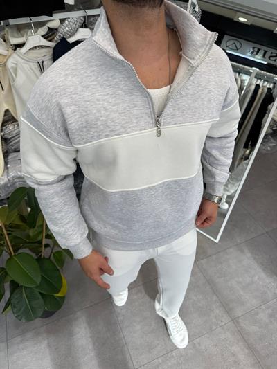 3 İplik Şardonlu Yarım Fermuar Parça Detaylı Sweatshirt Gri