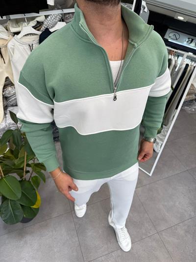 3 İplik Şardonlu Yarım Fermuar Parça Detaylı Sweatshirt Mint