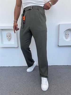BAGGY KALIP KENDİNDEN KEMERLİ KUMAŞ PANTOLON ÇAĞLA YEŞİLİ