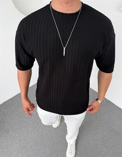 Burgu Desen Oversize Tişört Siyah