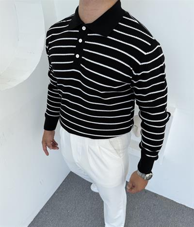 ÇİZGİLİ DÜĞMELİ TRİKO POLO YAKA SWEATSHİRT SİYAH