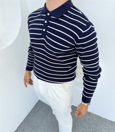 ÇİZGİLİ DÜĞMELİ TRİKO POLO YAKA SWEATSHİRT LACİVERT