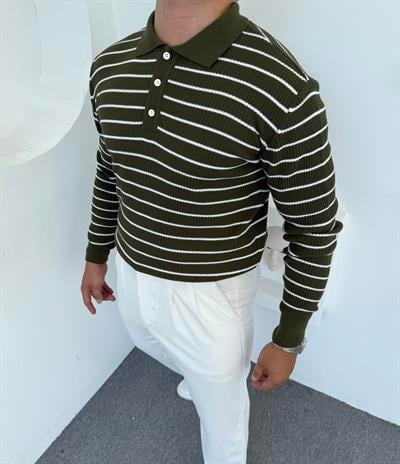 ÇİZGİLİ DÜĞMELİ TRİKO POLO YAKA SWEATSHİRT YEŞİL