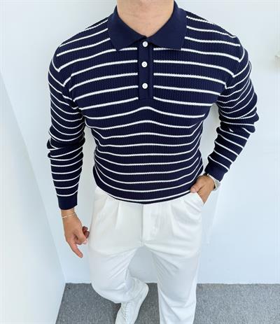 ÇİZGİLİ DÜĞMELİ TRİKO POLO YAKA SWEATSHİRT LACİVERT