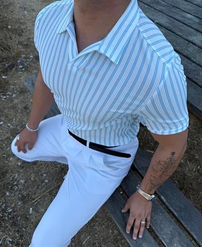 ÇİZGİLİ FİTİLLİ POLO YAKA TİŞÖRT BEBE MAVİSİ