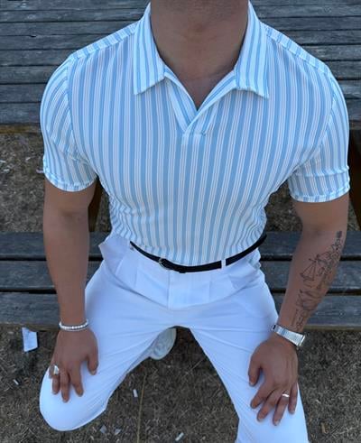 ÇİZGİLİ FİTİLLİ POLO YAKA TİŞÖRT BEBE MAVİSİ