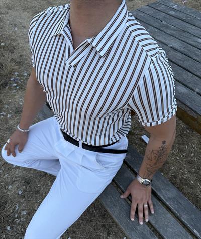 ÇİZGİLİ FİTİLLİ POLO YAKA TİŞÖRT KAHVERENGİ